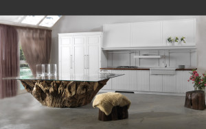 modello la rive, cucina d'angeli, mobili d'angeli, top in legno, dispensa, cucina country stile inglese, tavolo con piana in cristallo, tavolo radice